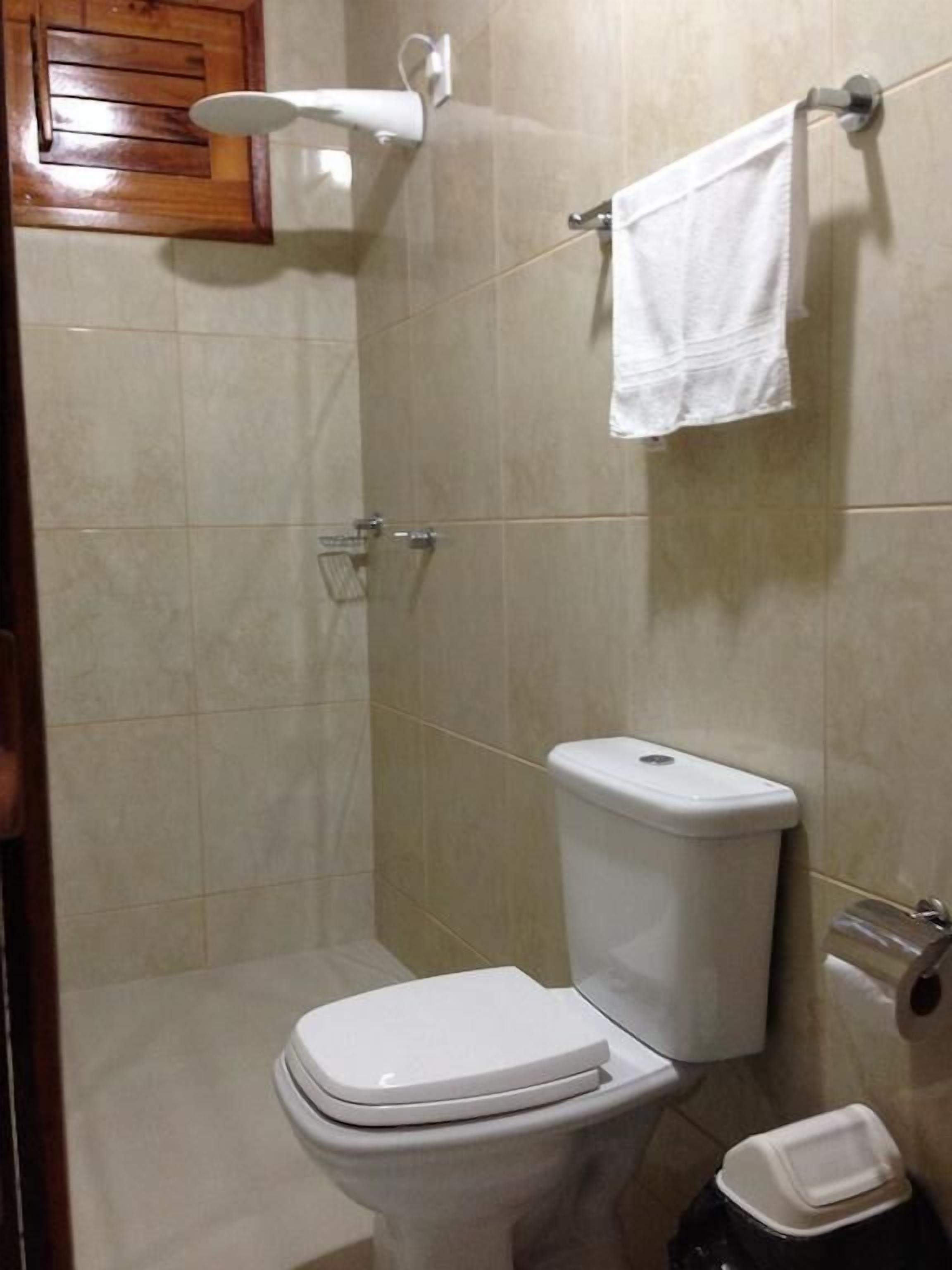 Une petite salle de bain comprenant des toilettes, un porte-serviettes et une pomme de douche.
