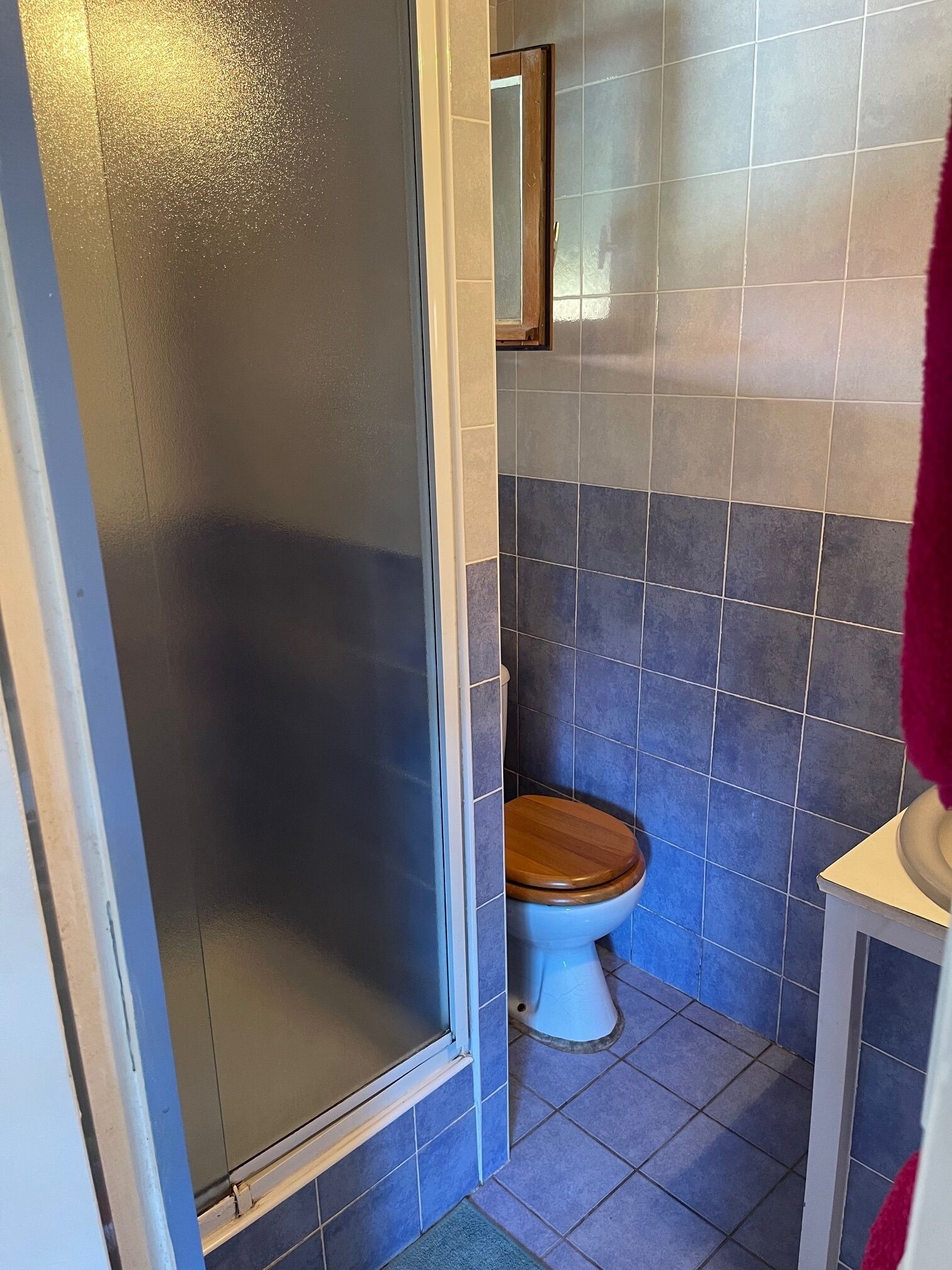 Un baño con ducha, inodoro y lavabo.