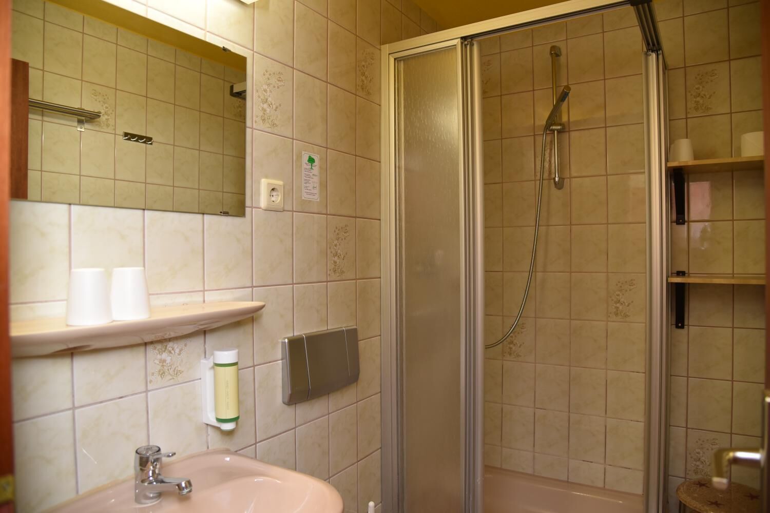 A bathroom with a sink, mirror, and shower.