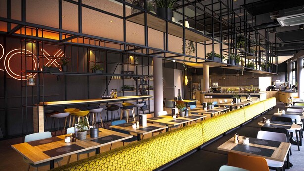 A modern restaurant with a long counter, multiple seating areas, and a kitchen in the background. - Ibis Wels (Wels)