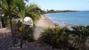 A beach with a paved walkway, palm trees, and a view of the ocean. - Golden Shore Resort (Morant Bay)
