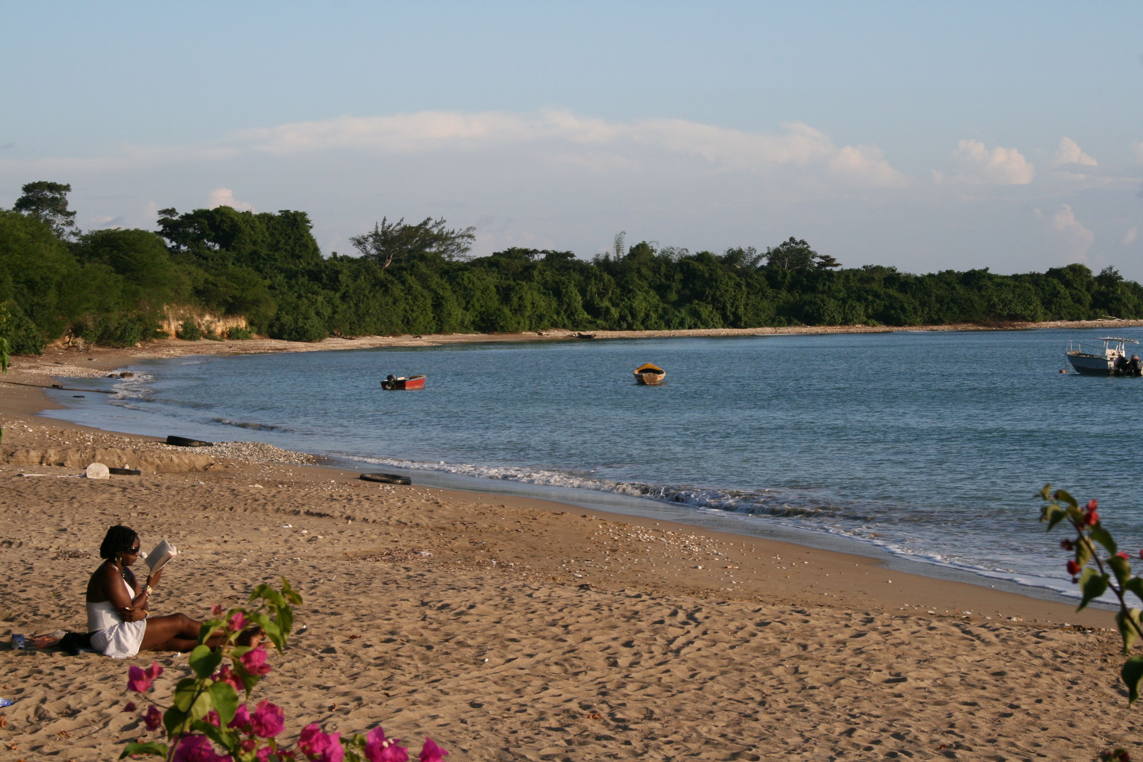 A beach with a person reading, boats in the water, and a forested area in the background.