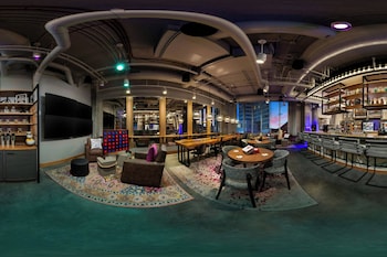 Hotel entrance and lobby at Moxy Boston Downtown