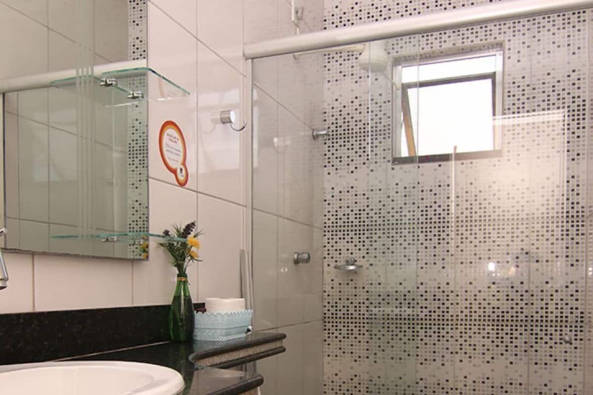 Shower, towels, soap, shampoo