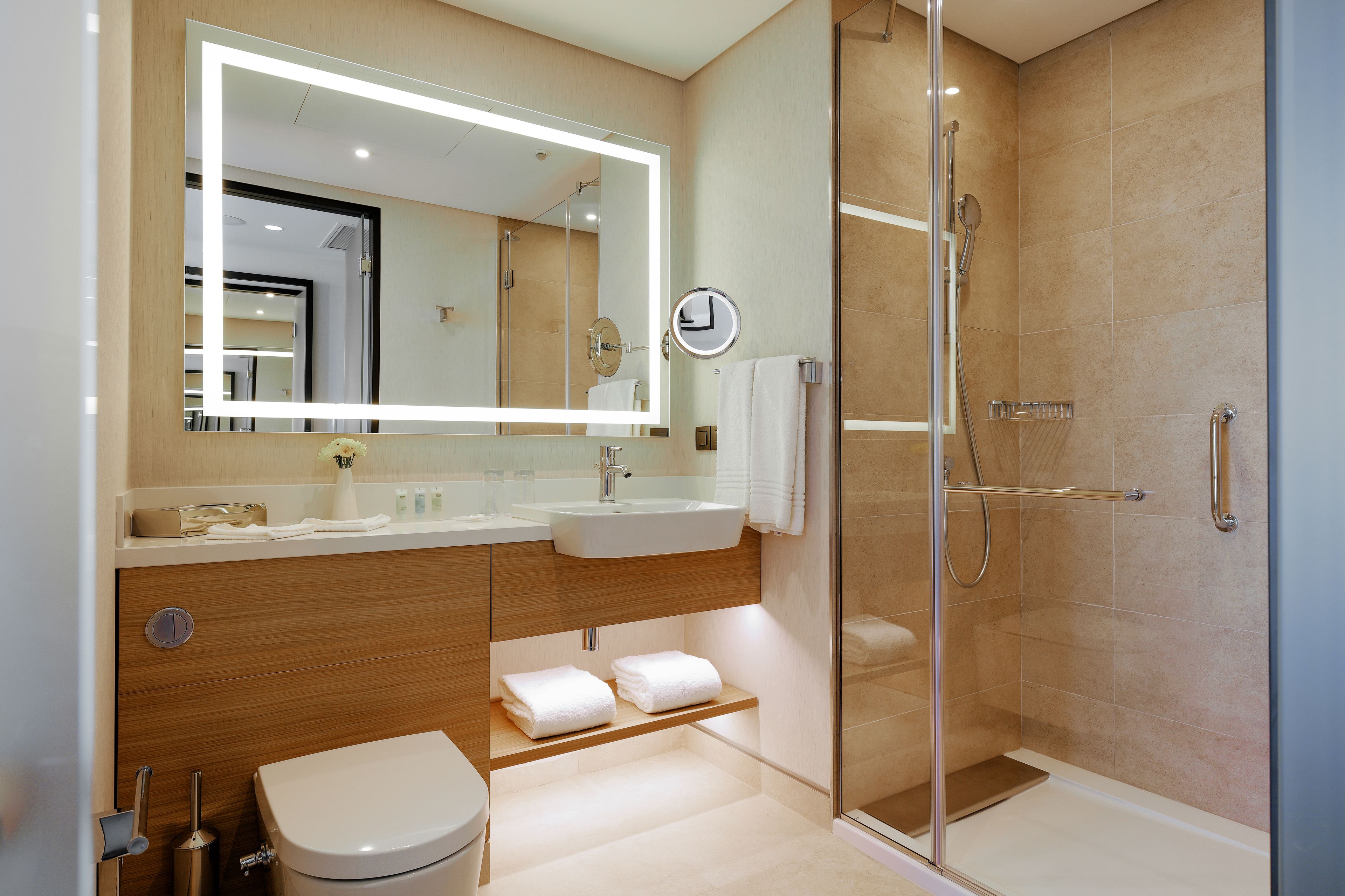 shower, rainfall showerhead, free toiletries, hair dryer