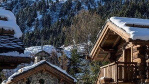Une cabane en bois, posée sur des fondations en pierre, entourée d’arbres couverts de neige, avec une montagne en toile de fond.