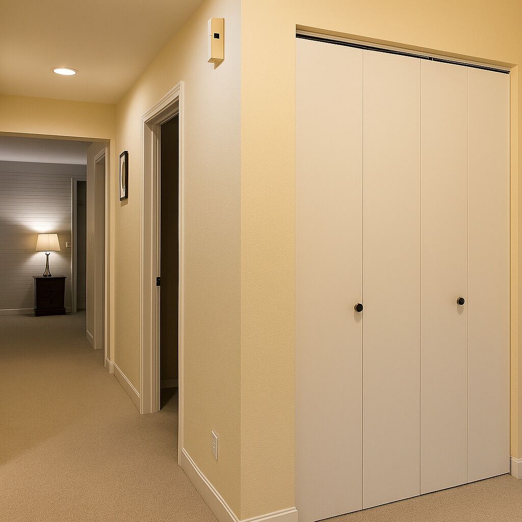 Un corridoio con una porta chiusa, un interruttore a parete e una lampada su un comodino.