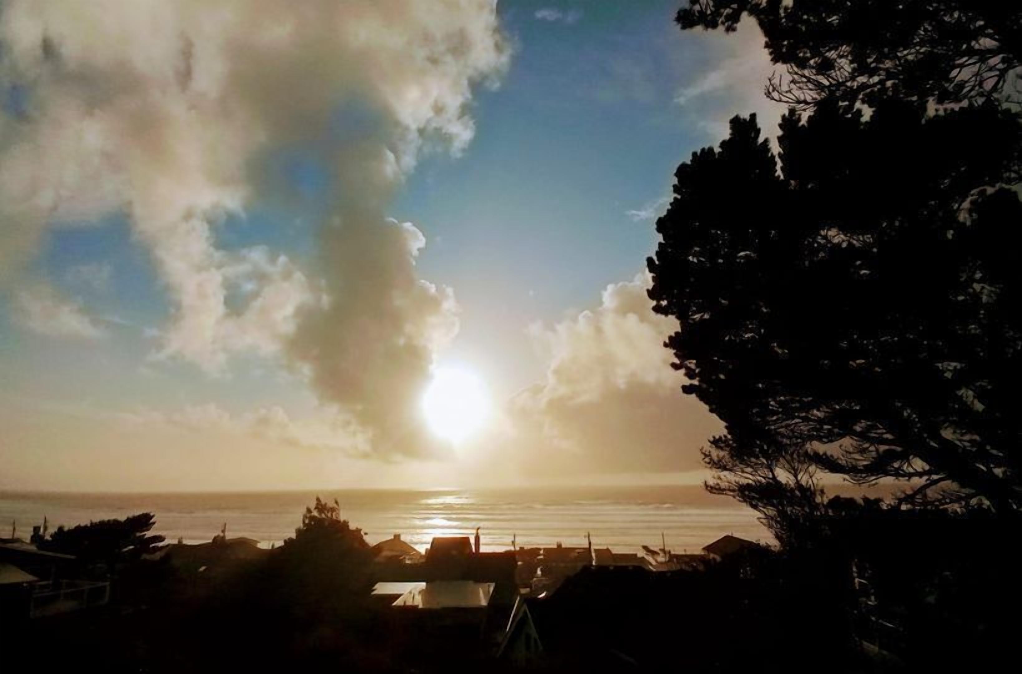 Une vue sur la côte, avec le soleil se couchant ou se levant à l’horizon, un arbre sur la droite et des bâtiments au premier plan.