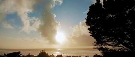 Une vue sur la côte, avec le soleil se couchant ou se levant à l’horizon, un arbre sur la droite et des bâtiments au premier plan.