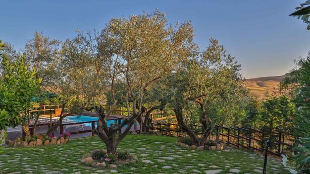 A backyard with a swimming pool, stone pathway, and trees. - Agriturismo Al Lago Verde (Alia)