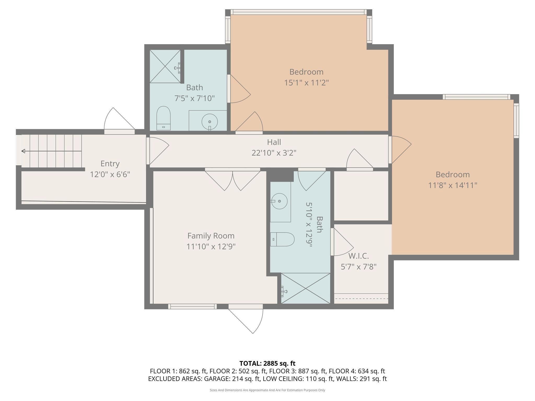 Plano de planta de un apartamento multifamiliar con un área total de 2885 pies cuadrados, que incluye recámaras, una sala de estar, un vestíbulo y un baño.