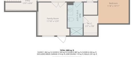 Plano de planta de un apartamento multifamiliar con un área total de 2885 pies cuadrados, que incluye recámaras, una sala de estar, un vestíbulo y un baño.