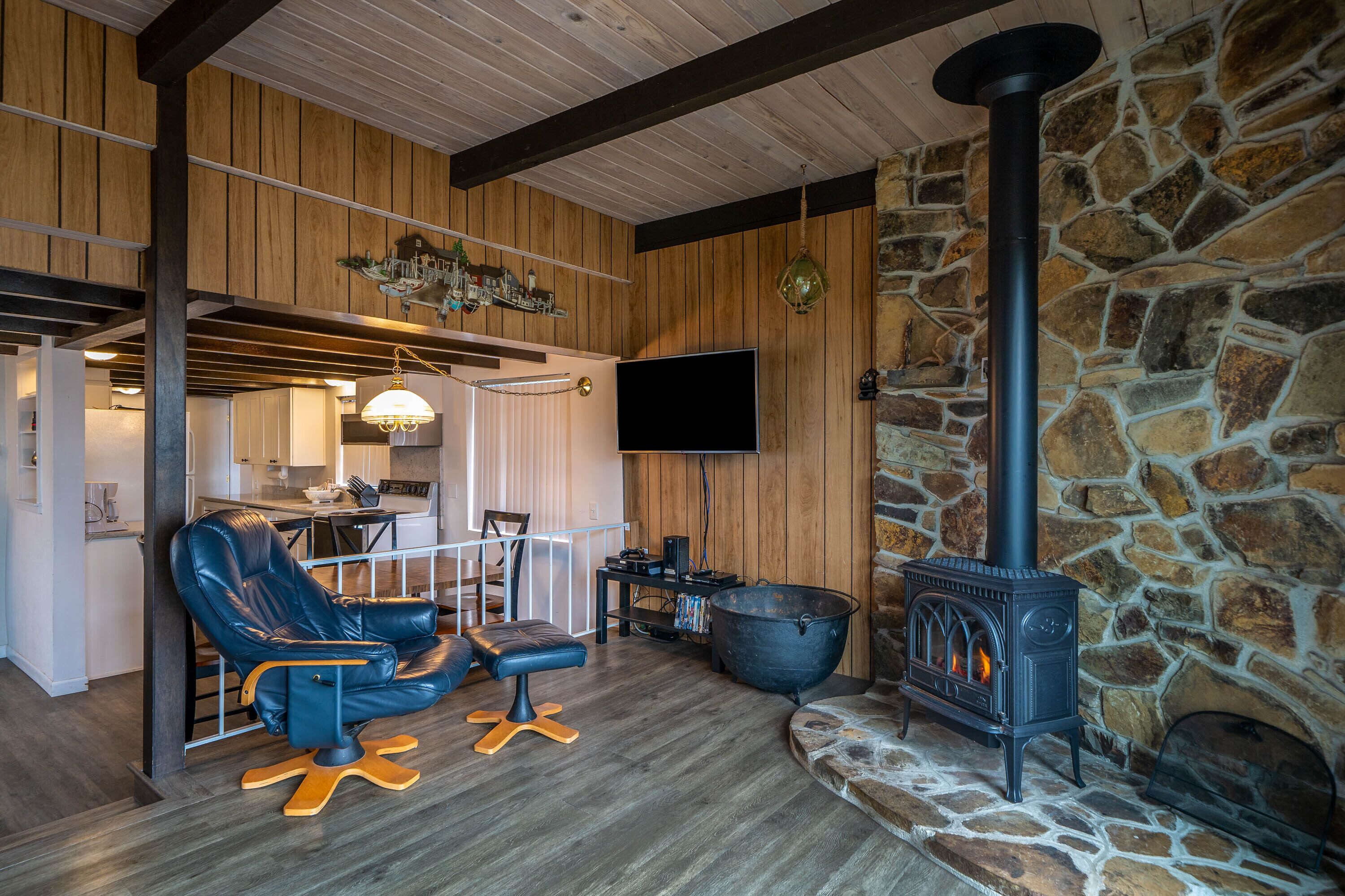 Televisión, chimenea, reproductor de DVD y libros 