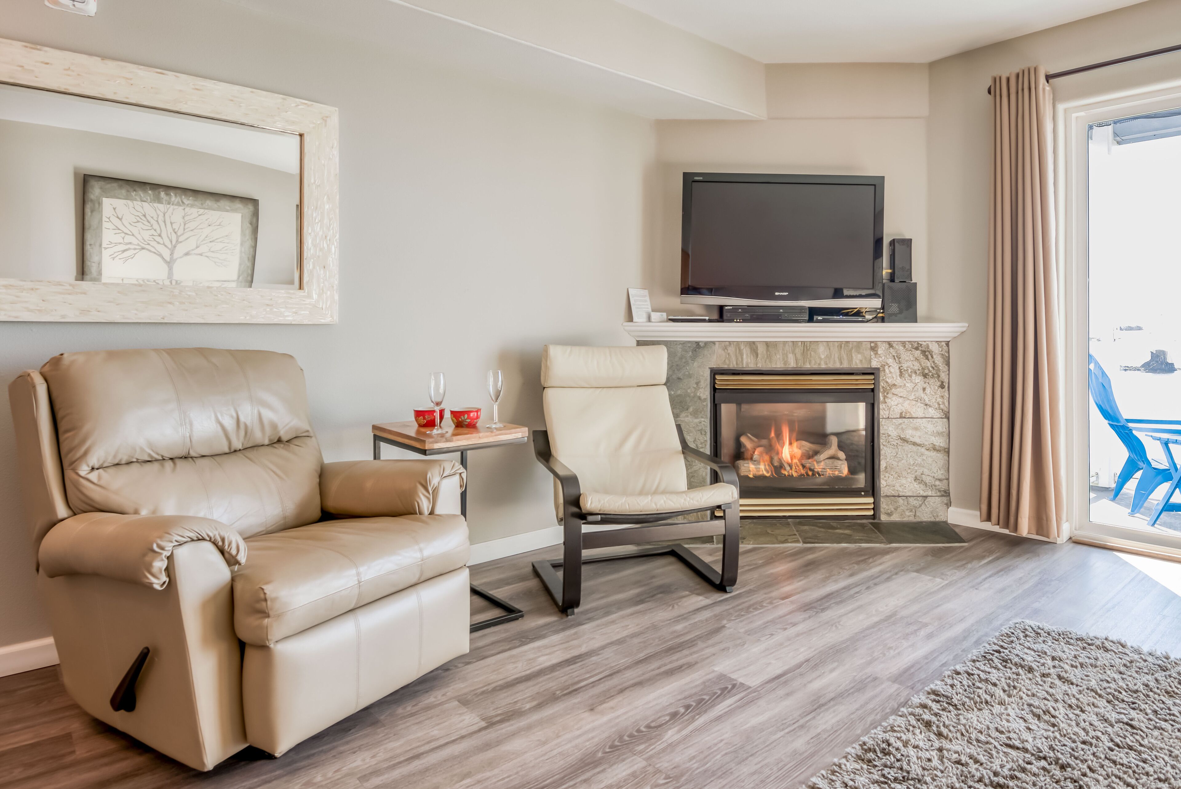 Smart TV, fireplace, DVD player, books