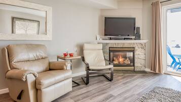 Smart TV, fireplace, DVD player, books