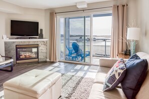 Smart TV, fireplace, DVD player, books