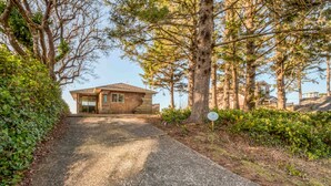 Une cabane en bois avec une allée pavée, entourée d’arbres et de verdure.