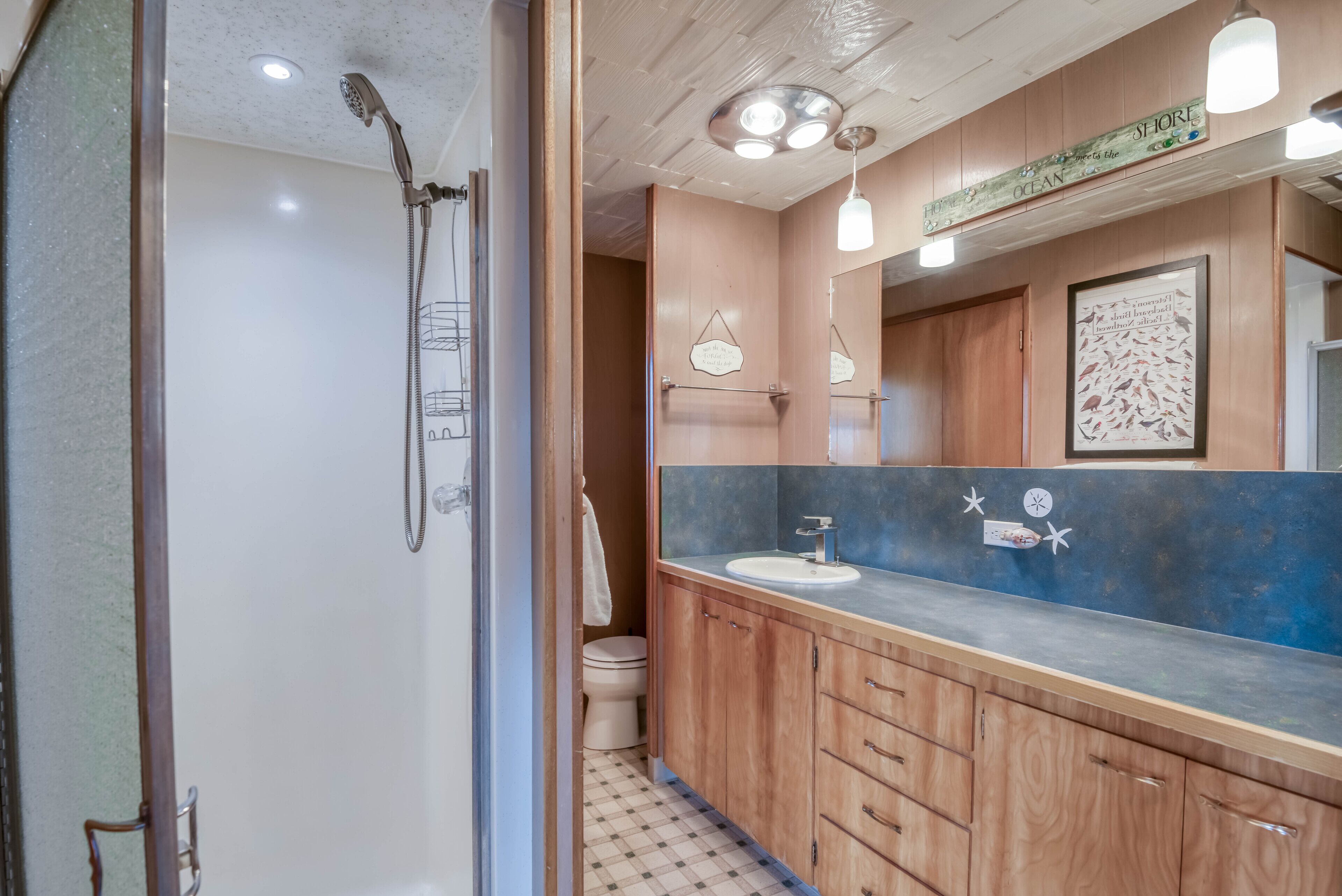 A bathroom with a shower, toilet, vanity with a sink, and a mirror.
