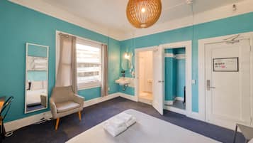 Private Queen Room Ensuite | Desk, laptop workspace, blackout drapes, iron/ironing board