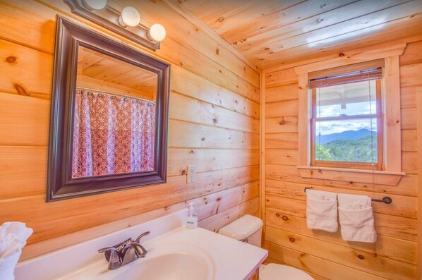 A wooden cabin bathroom with a large mirror, a sink, a toilet, and a window with a view of mountains.