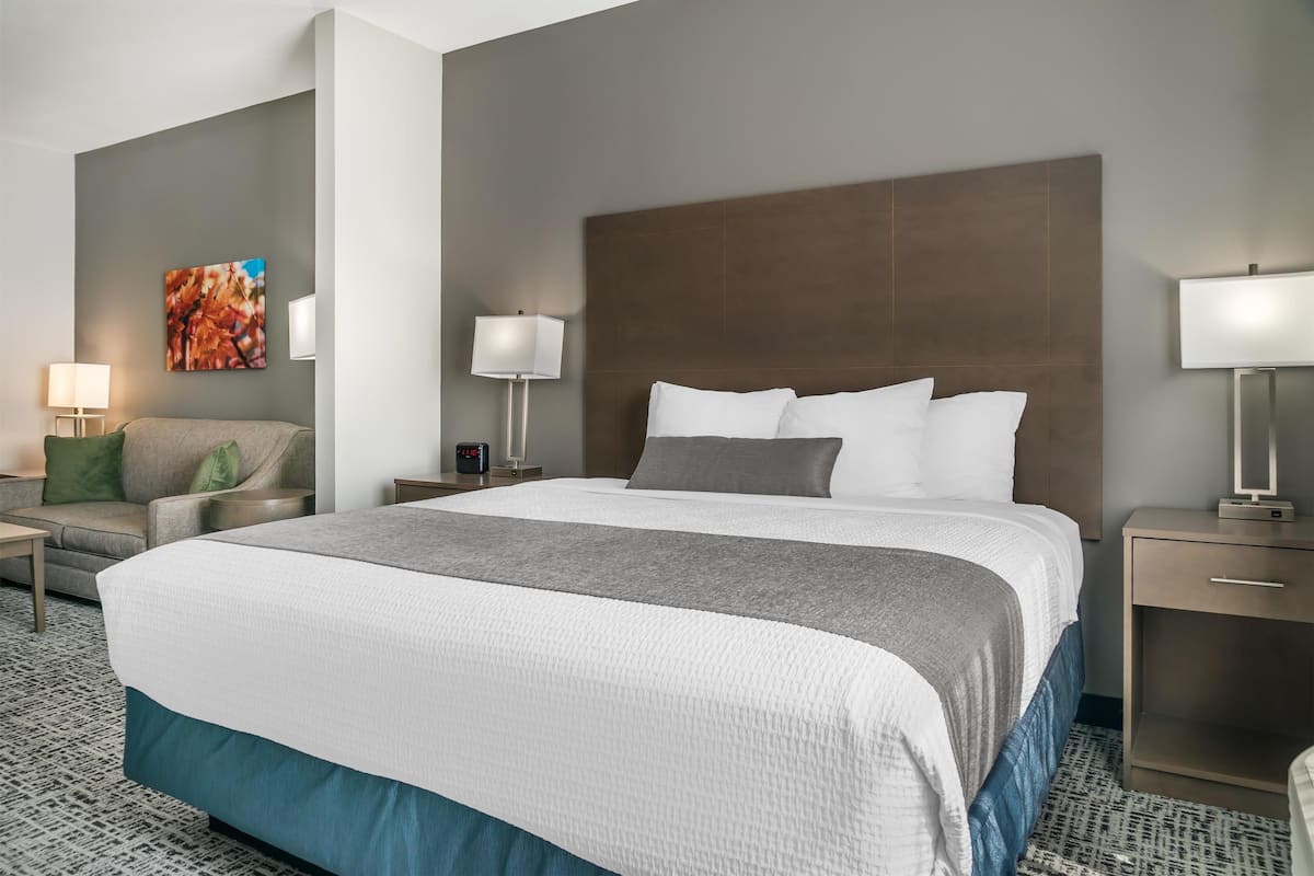 A hotel room with a large bed, two bedside tables, a nightstand, a sofa, and a wall-mounted painting.