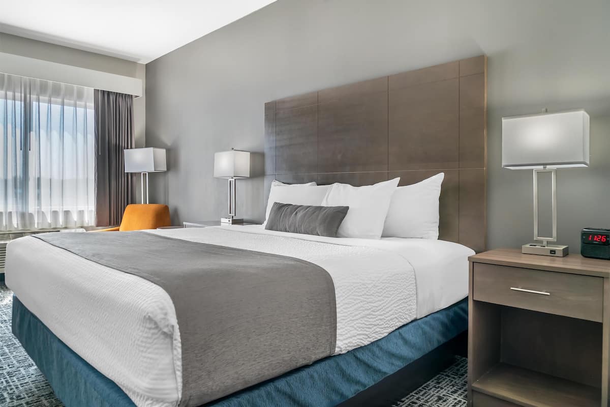 A modern hotel room with a large bed, two bedside tables, a nightstand, and a view of the outdoors.