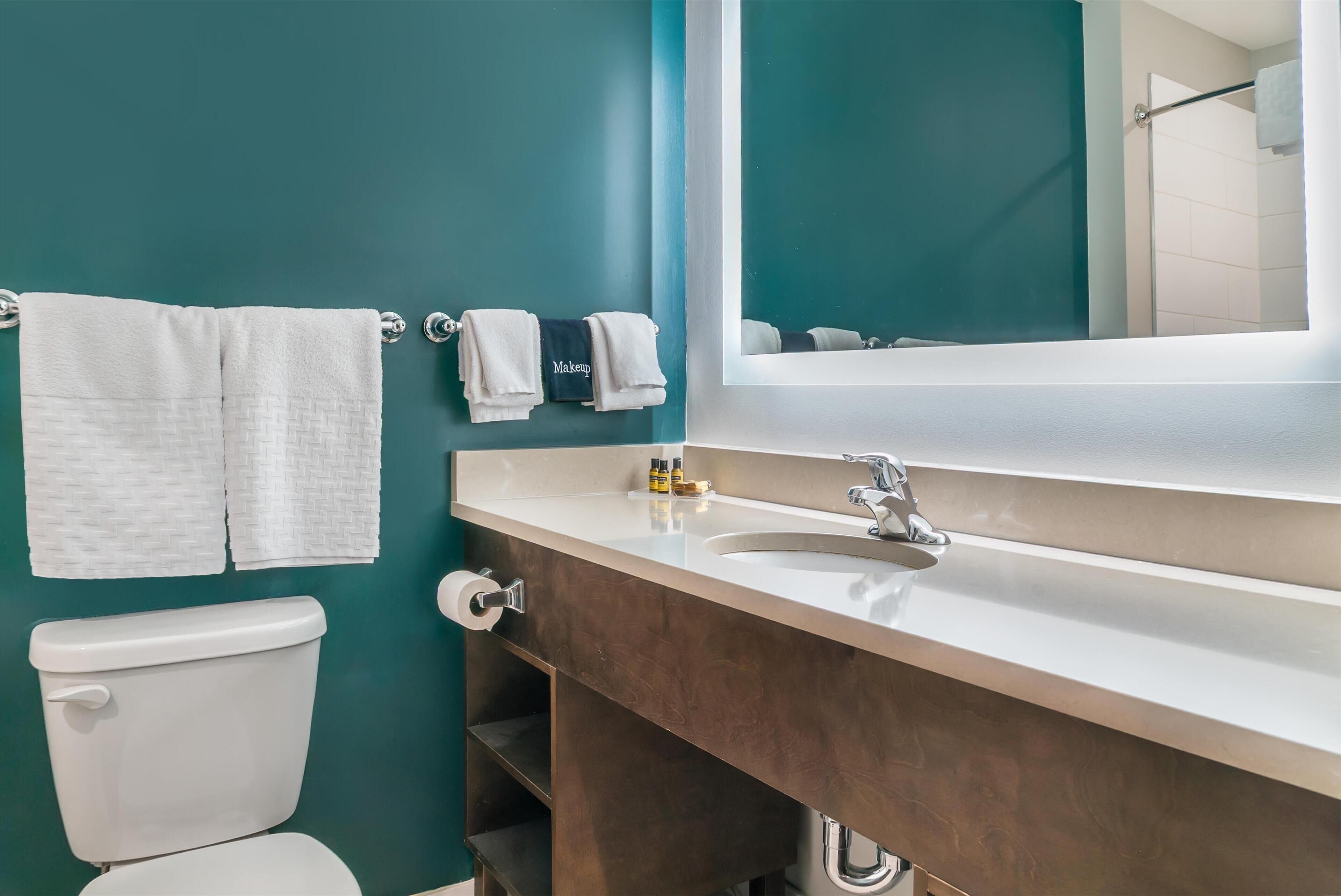 suite, 1 king bed with sofa bed, non smoking, refrigerator & microwave (with sofabed) | bathroom | free toiletries, hair dryer, towels, soap