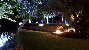 Area esterna illuminata di notte, con alberi, un'auto e un muro in pietra.