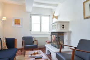 Télévision, cheminée, livres