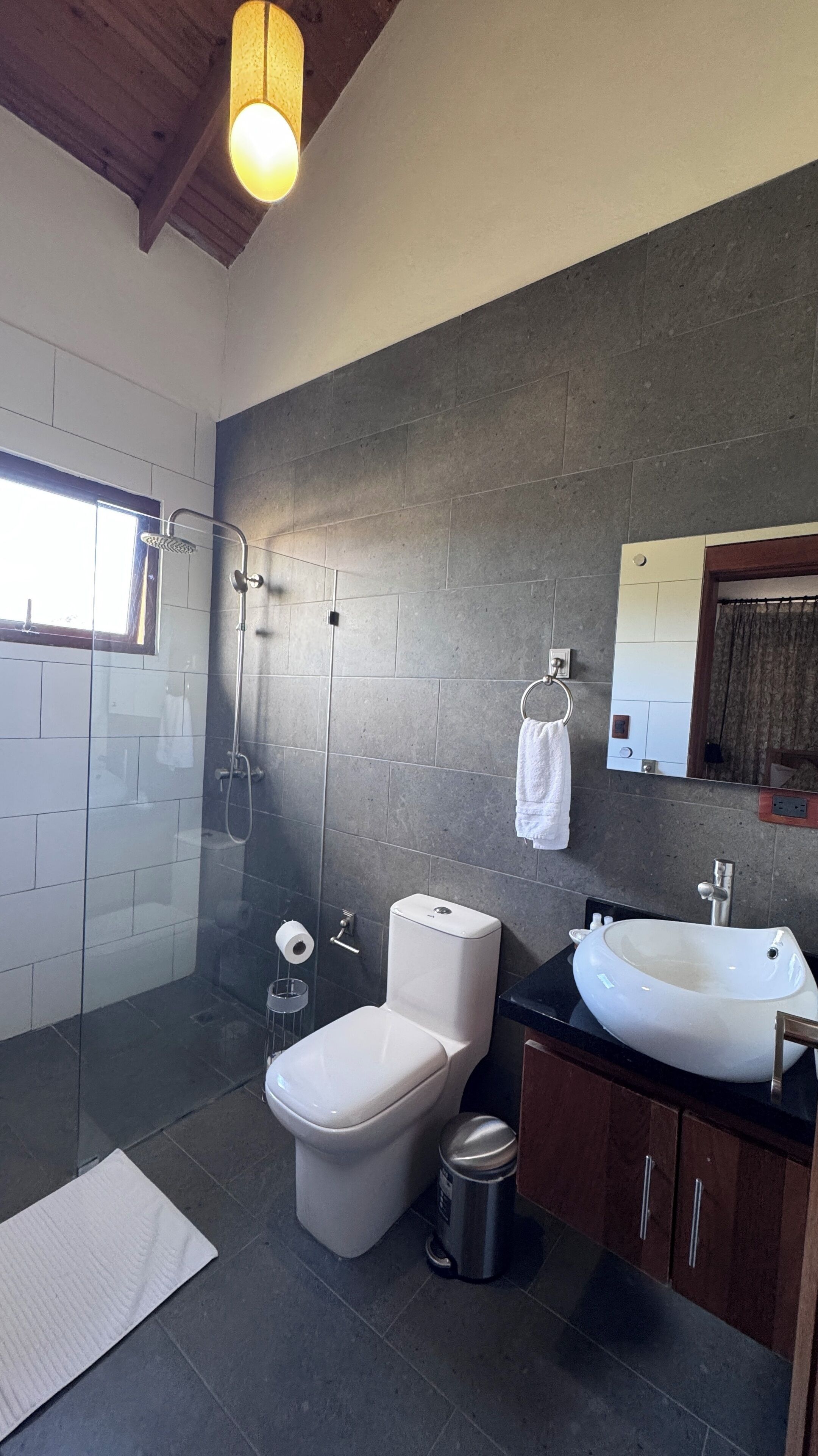 A modern bathroom with a shower, toilet, sink, and a large mirror.