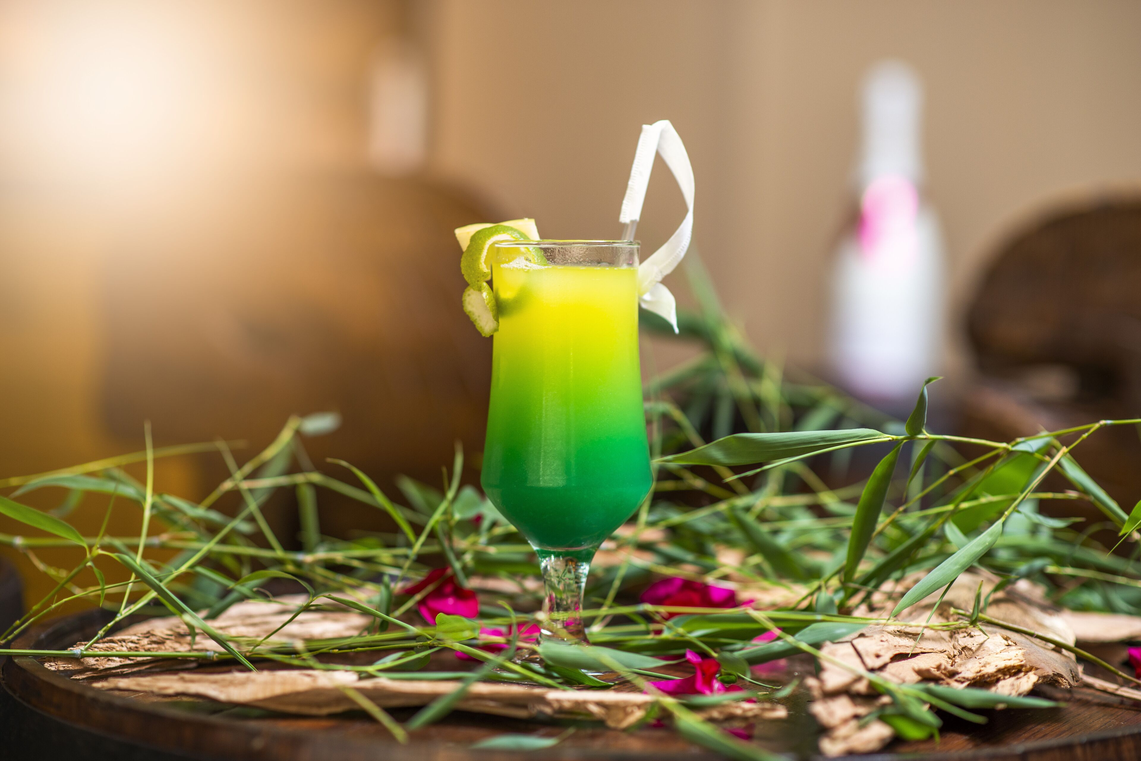 A tall glass with a gradient green drink, garnished with a lime slice and a white straw, surrounded by greenery and dried leaves on a wooden surface.