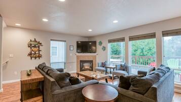 Una televisión, una chimenea, un reproductor de DVD