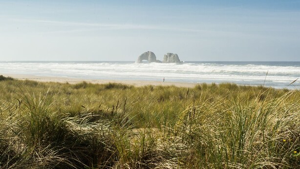 Ein Strand mit grasbewachsenen Dünen und zwei Felsen in der Ferne.