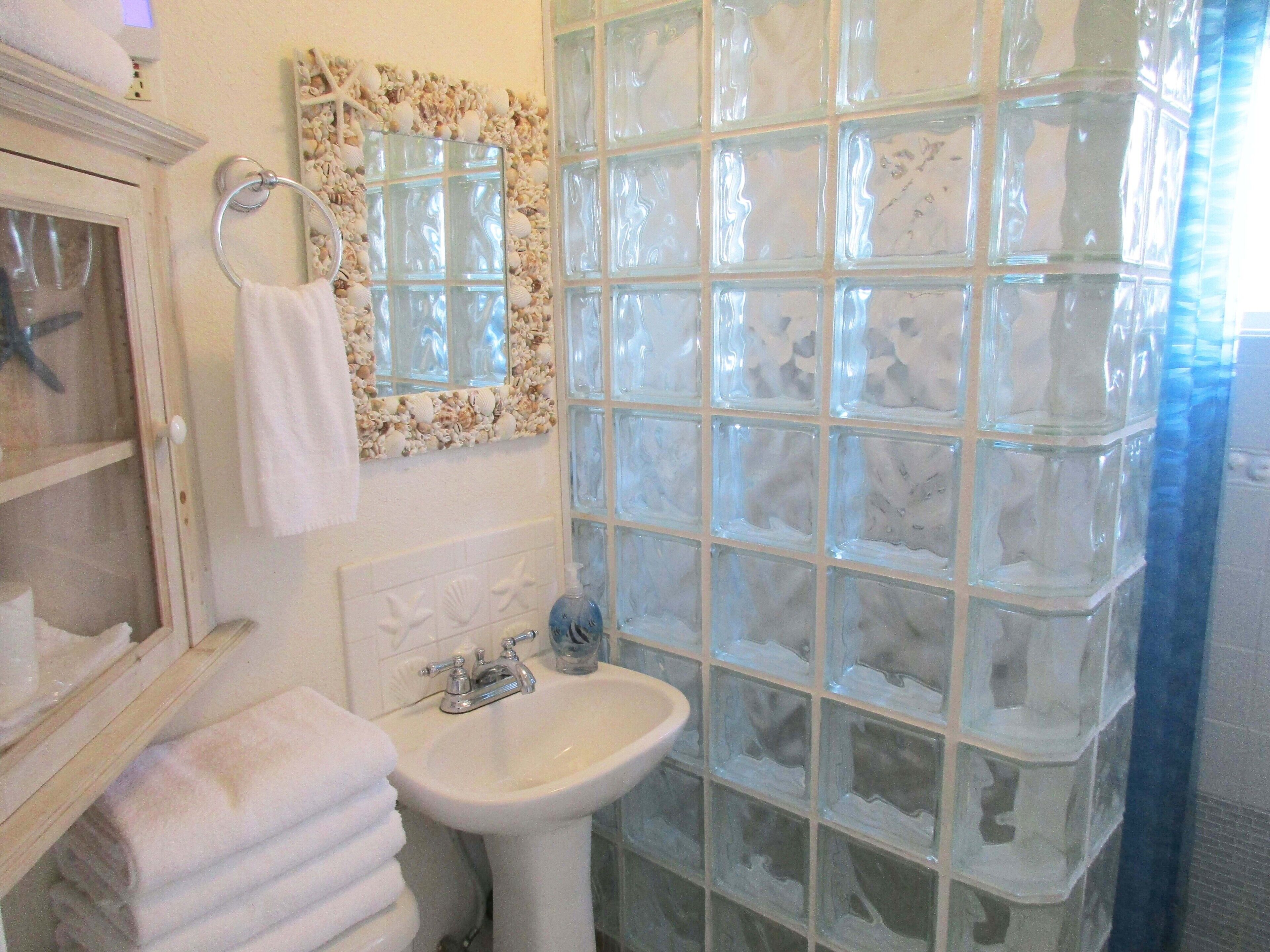 A bathroom with a glass block wall, a sink, and a mirror.