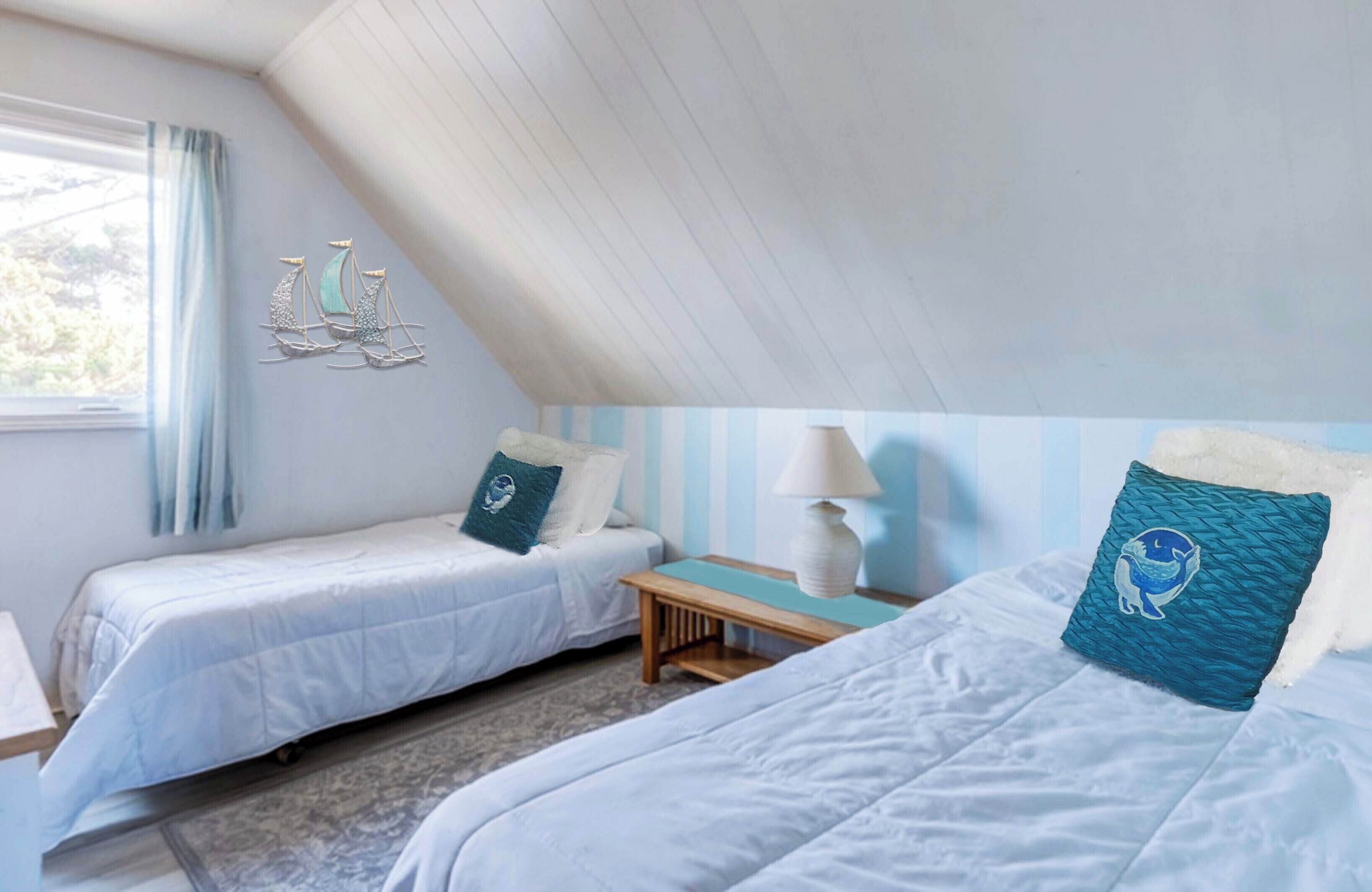 A bedroom with two beds, a nightstand, a lamp, and a window with curtains.