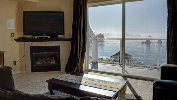 A living room with a television, fireplace, and large window overlooking a body of water.