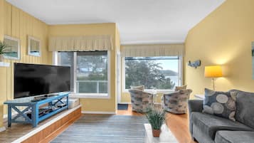 Een smart-tv, een open haard, een dvd-speler en een stereo