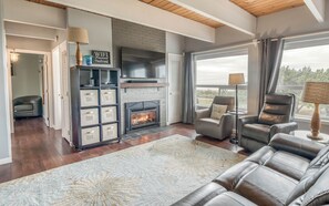 Télévision à écran plat, cheminée, jeux vidéo, lecteur de DVD