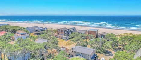 A coastal residential area with houses and a beach.