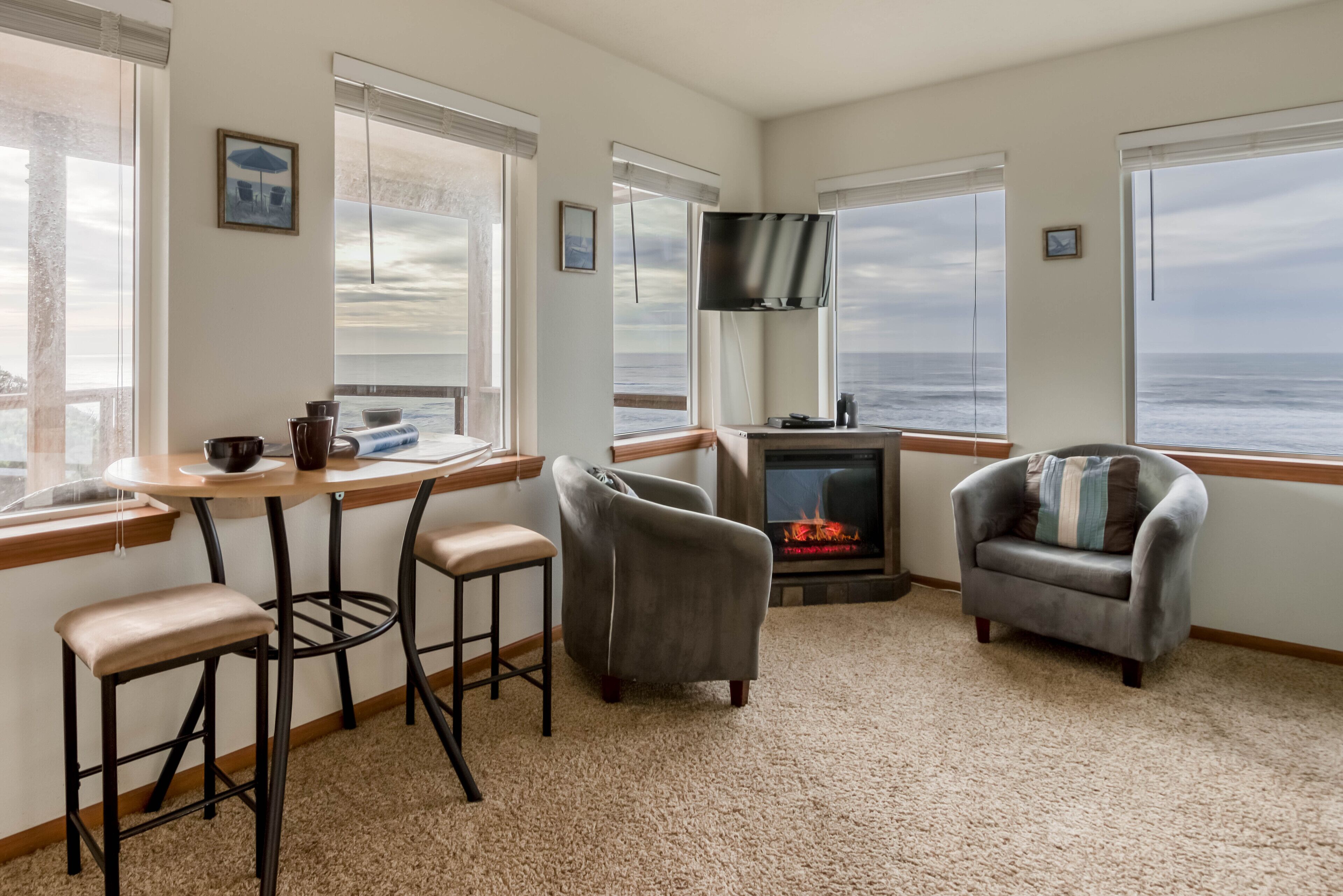 Flat-screen TV, fireplace, DVD player, books