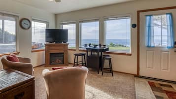 Televisión de pantalla plana, chimenea, reproductor de DVD y libros