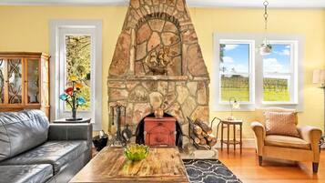 Smart TV, fireplace, books, video library