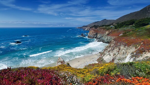 Paisatge costaner amb una platja, penya-segades rocoses i vegetació colorida.