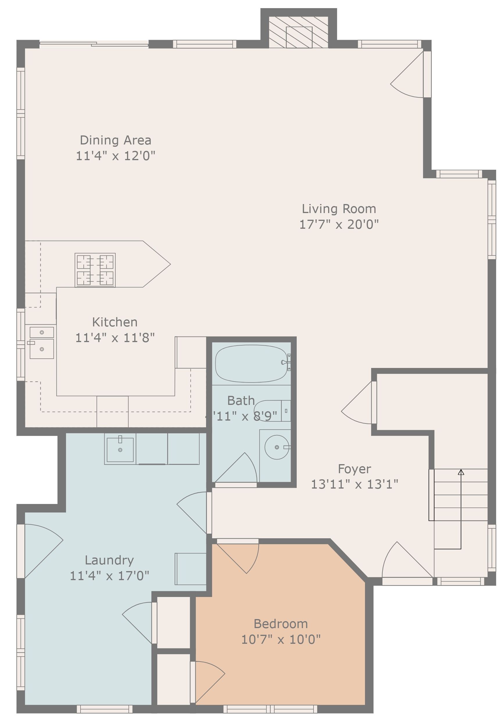 Un plan d’étage comprenant un coin repas, une cuisine, une buanderie, une chambre, une salle de bain, un salon et un hall d’entrée.