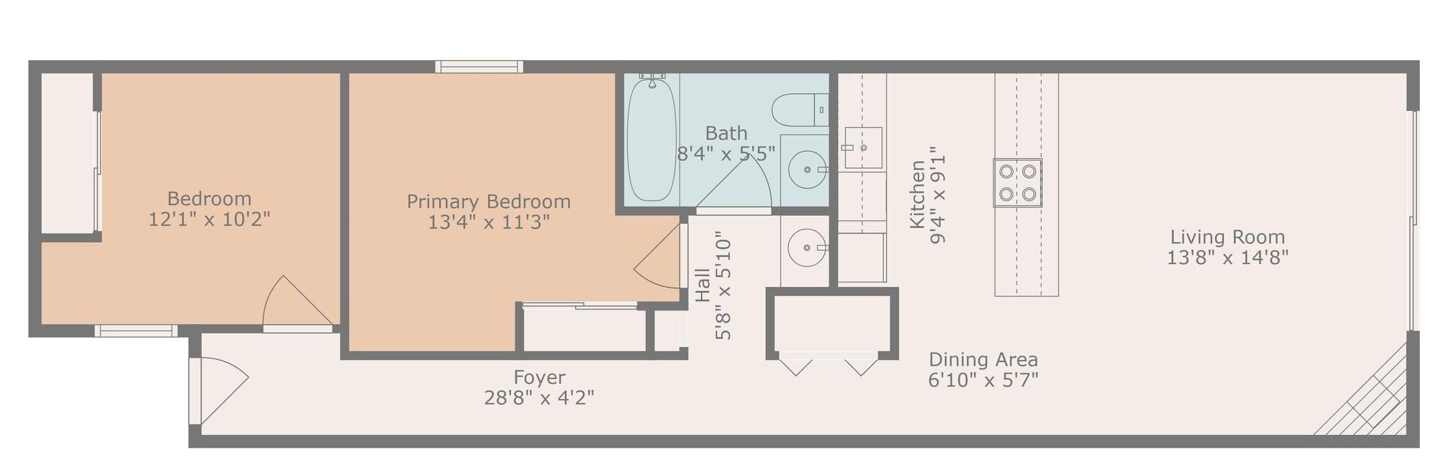 A floor plan of a house with a bedroom (12'1" x 10'2"), a primary bedroom (13'4" x 11'3"), a bathroom (8'4" x 5'5"), a kitchen (9'4" x 9'1"), a dining area (6'10" x 5'7"), a living room (13'8" x 14'8"), and a foyer (28'8" x 4'2").