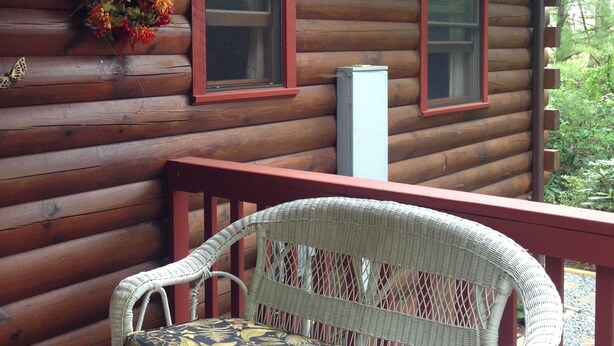 A log cabin with a porch, wicker furniture, and string lights.