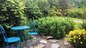 Un pati de jardí amb una taula i cadires metàl·liques blaves, envoltat de vegetació exuberanta i flors grogues.