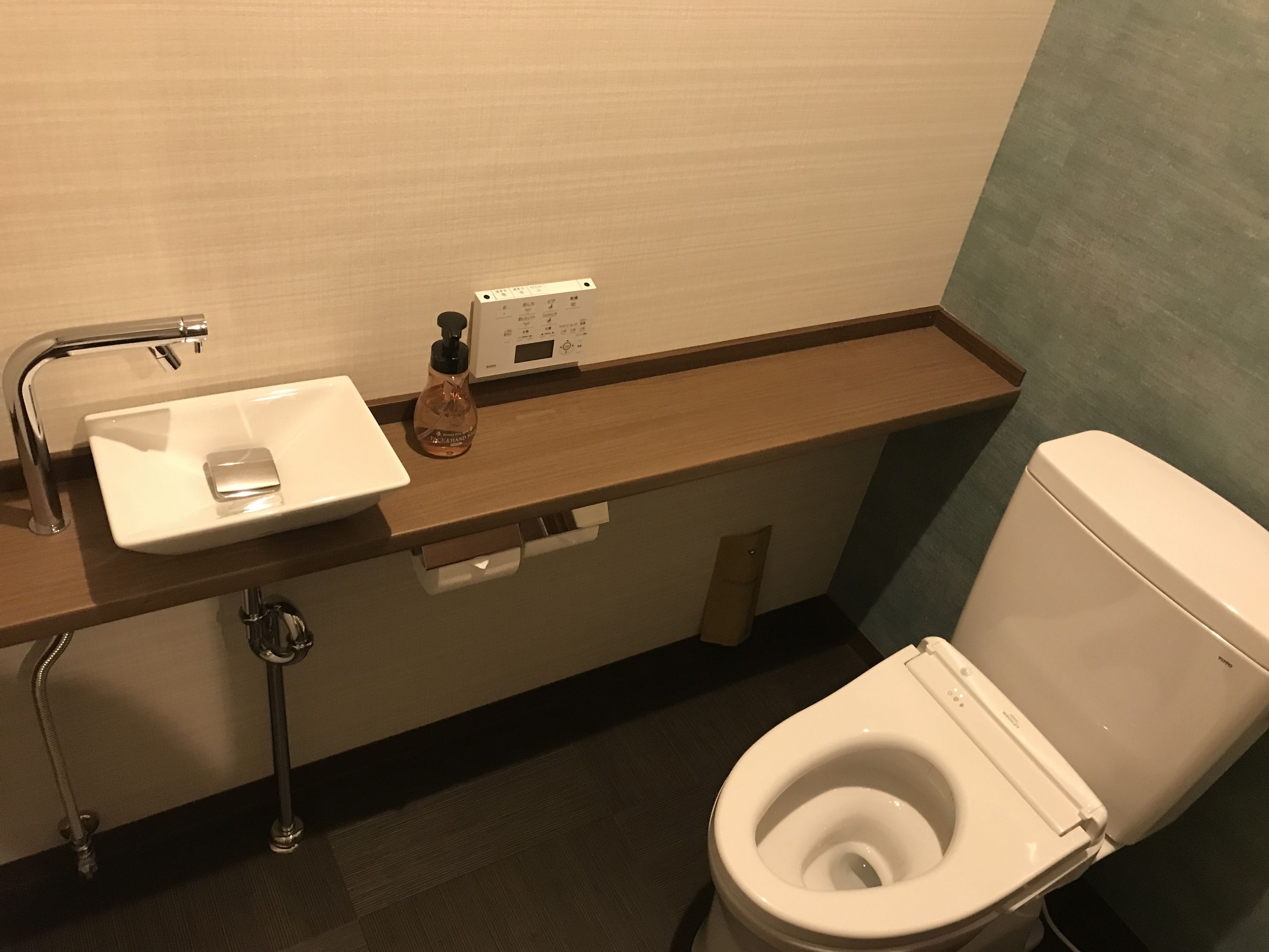 hair dryer, electronic bidet, towels, soap