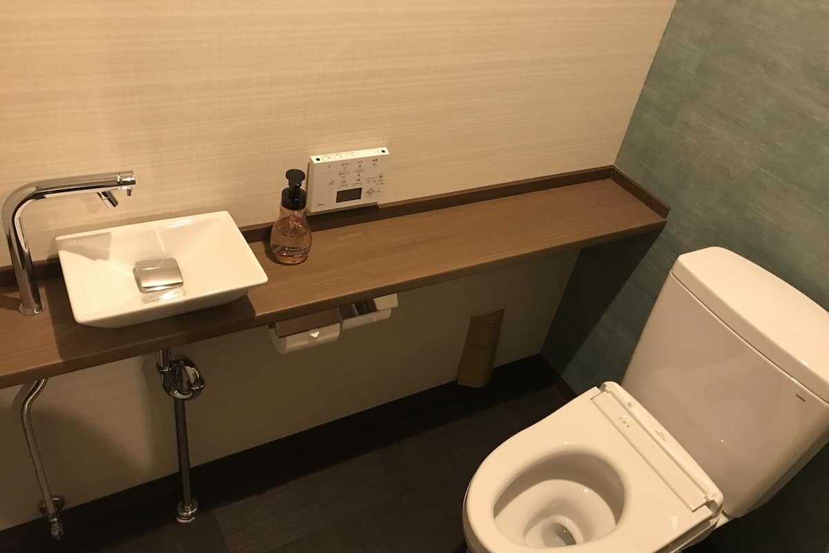 hair dryer, electronic bidet, towels, soap