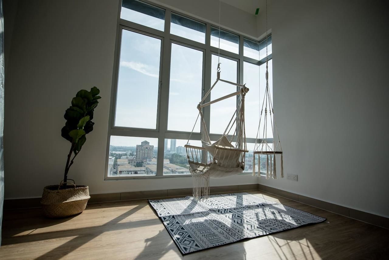 Desk, laptop workspace, blackout curtains, iron/ironing board